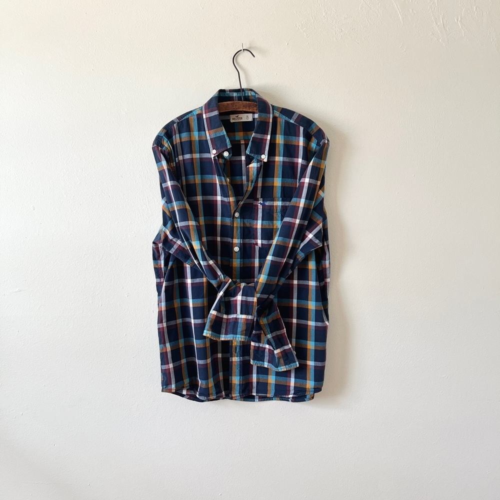 Hollister XL Seaside Sunset Blue Plaid Long Sleeve 100% Cotton Casual Shirt